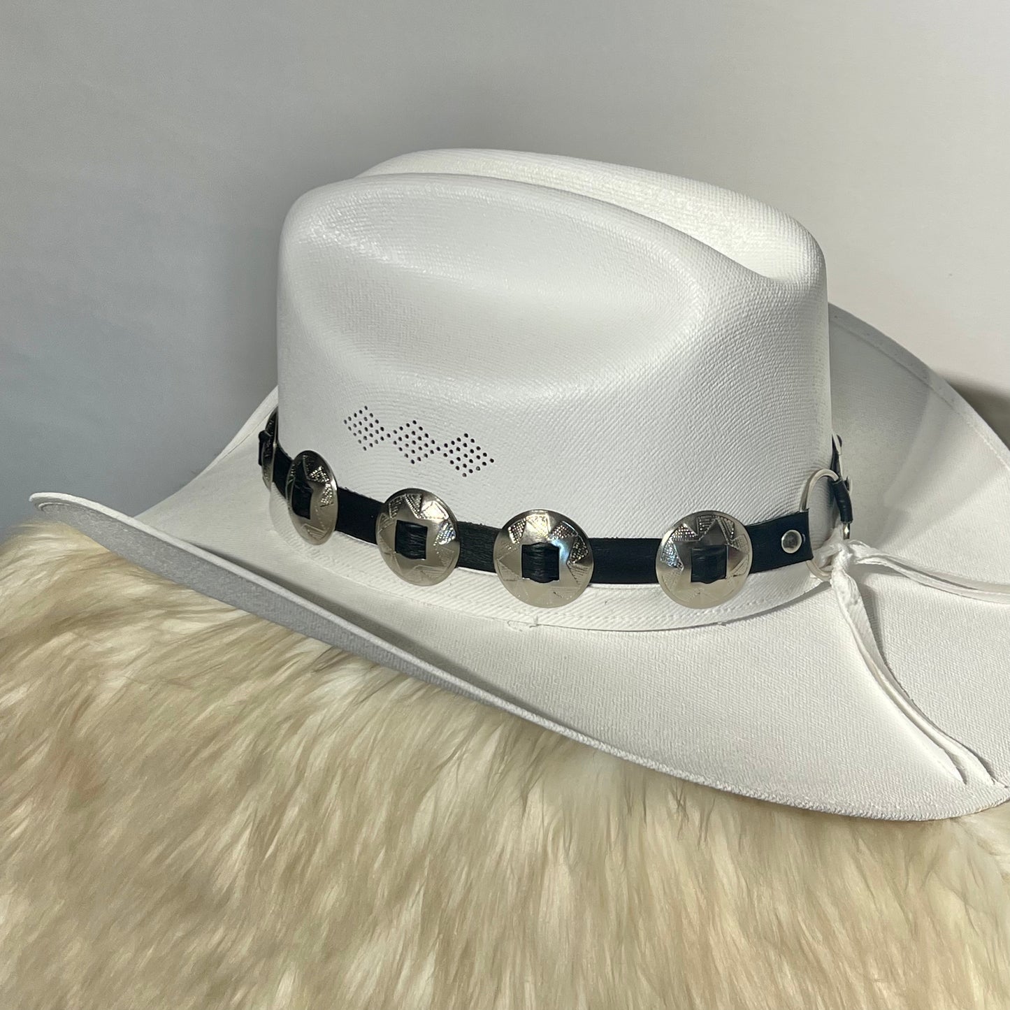 White Breathable Cowboy Hat with Circle Conchos