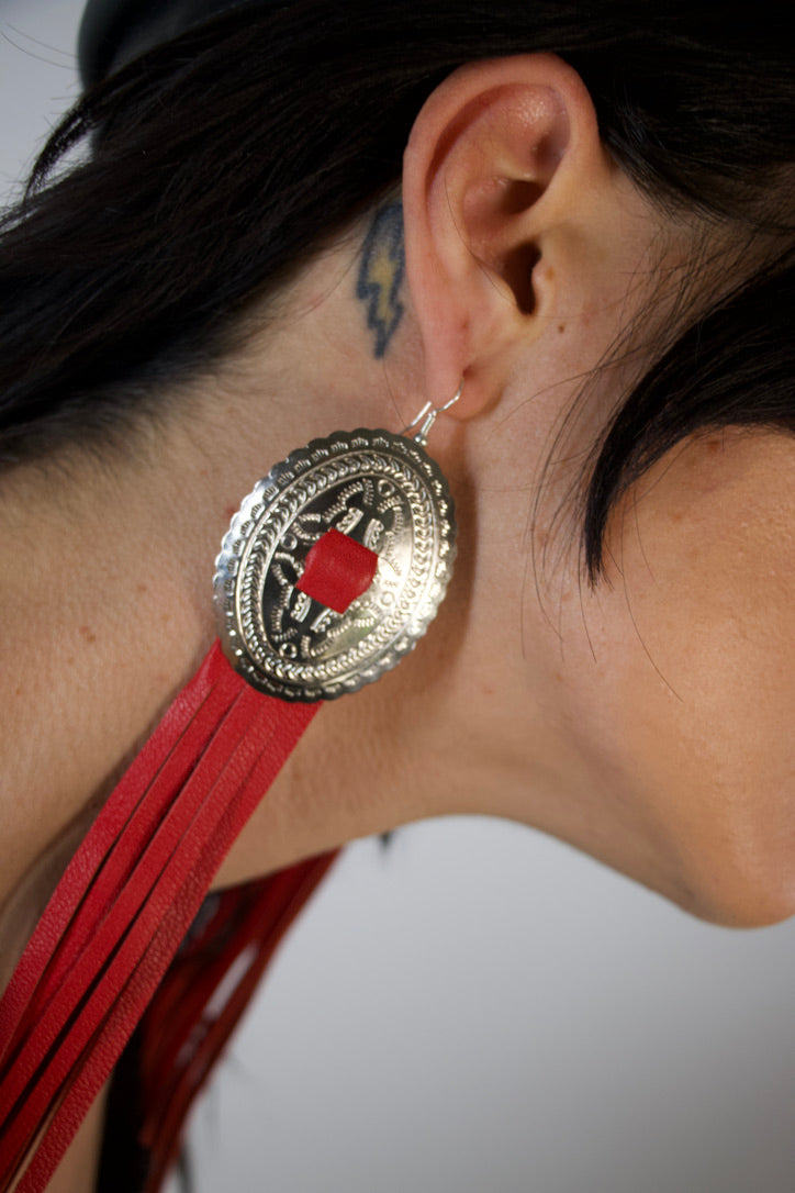 Red Fringe Concho Earrings