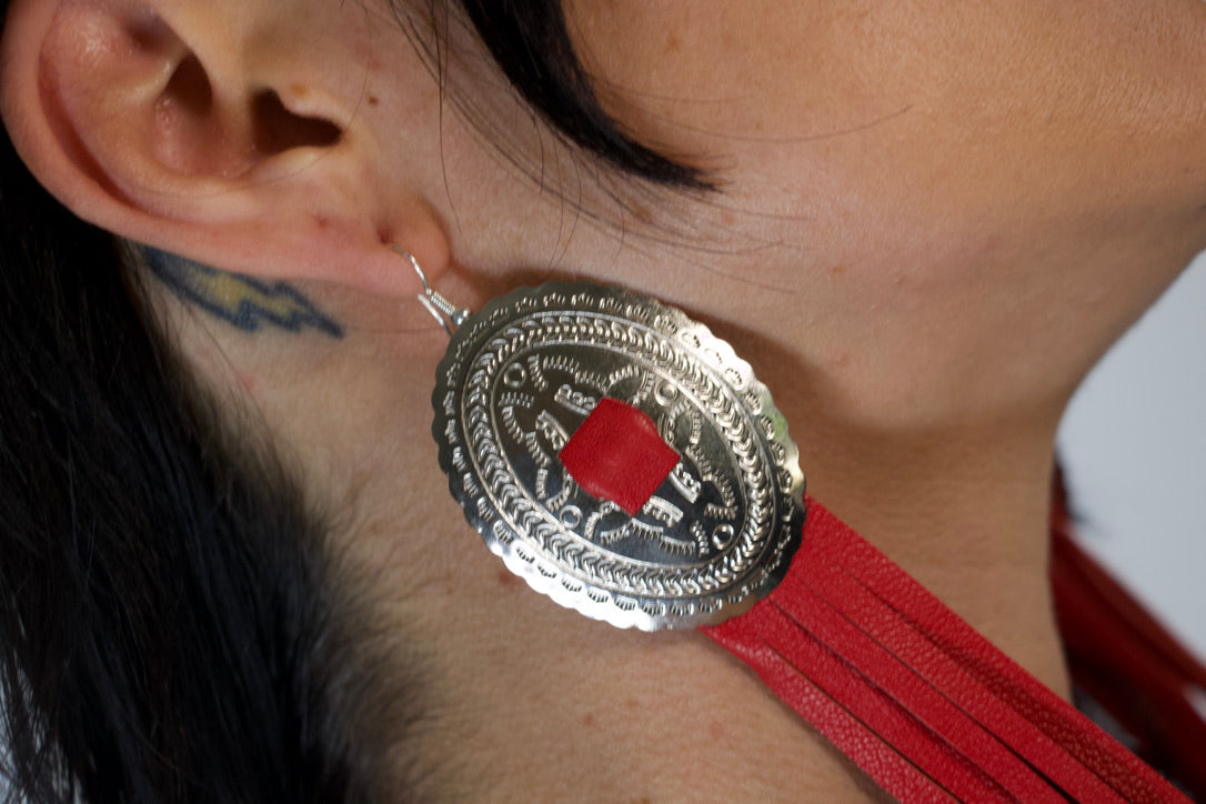 Red Fringe Concho Earrings