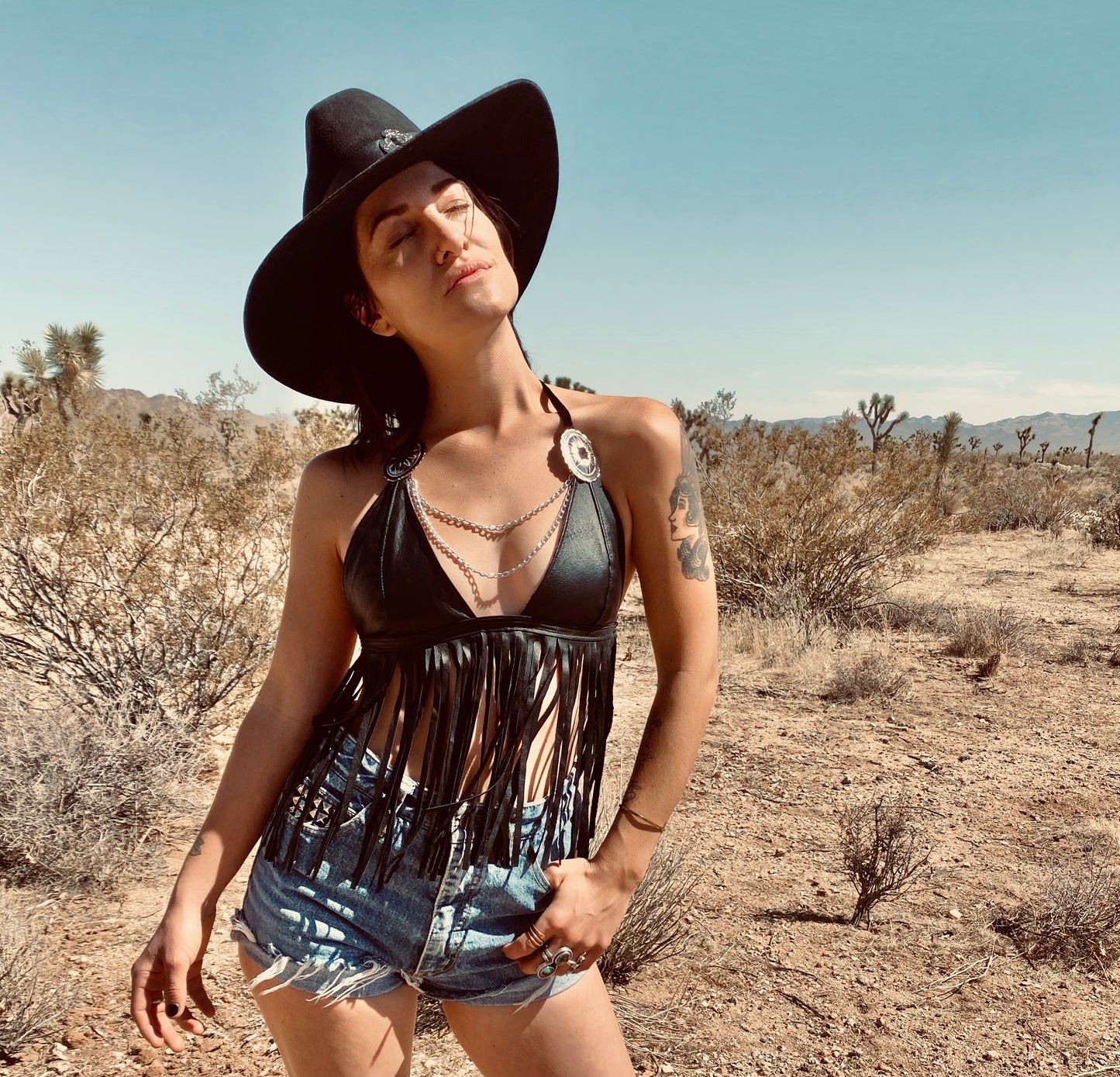 Leather Fringe Halter Top w/ Chains