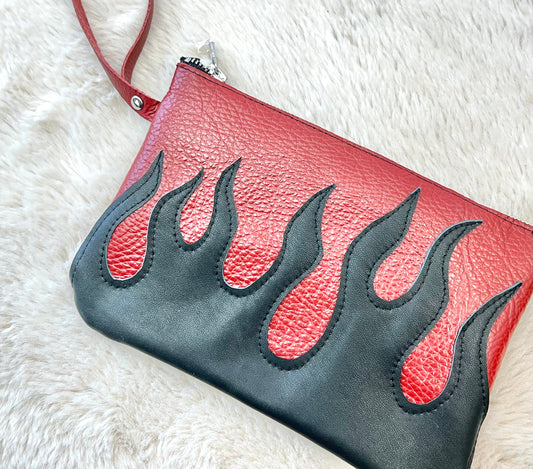Red Italian Leather Clutch w/ Flame Appliqué