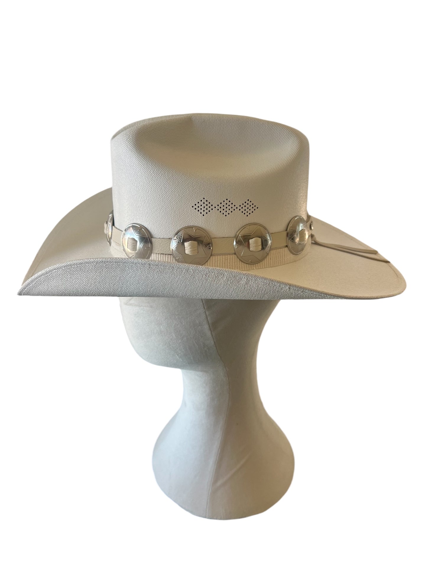 White Breathable Cowboy Hat w/ White Leather + Corduroy Belt