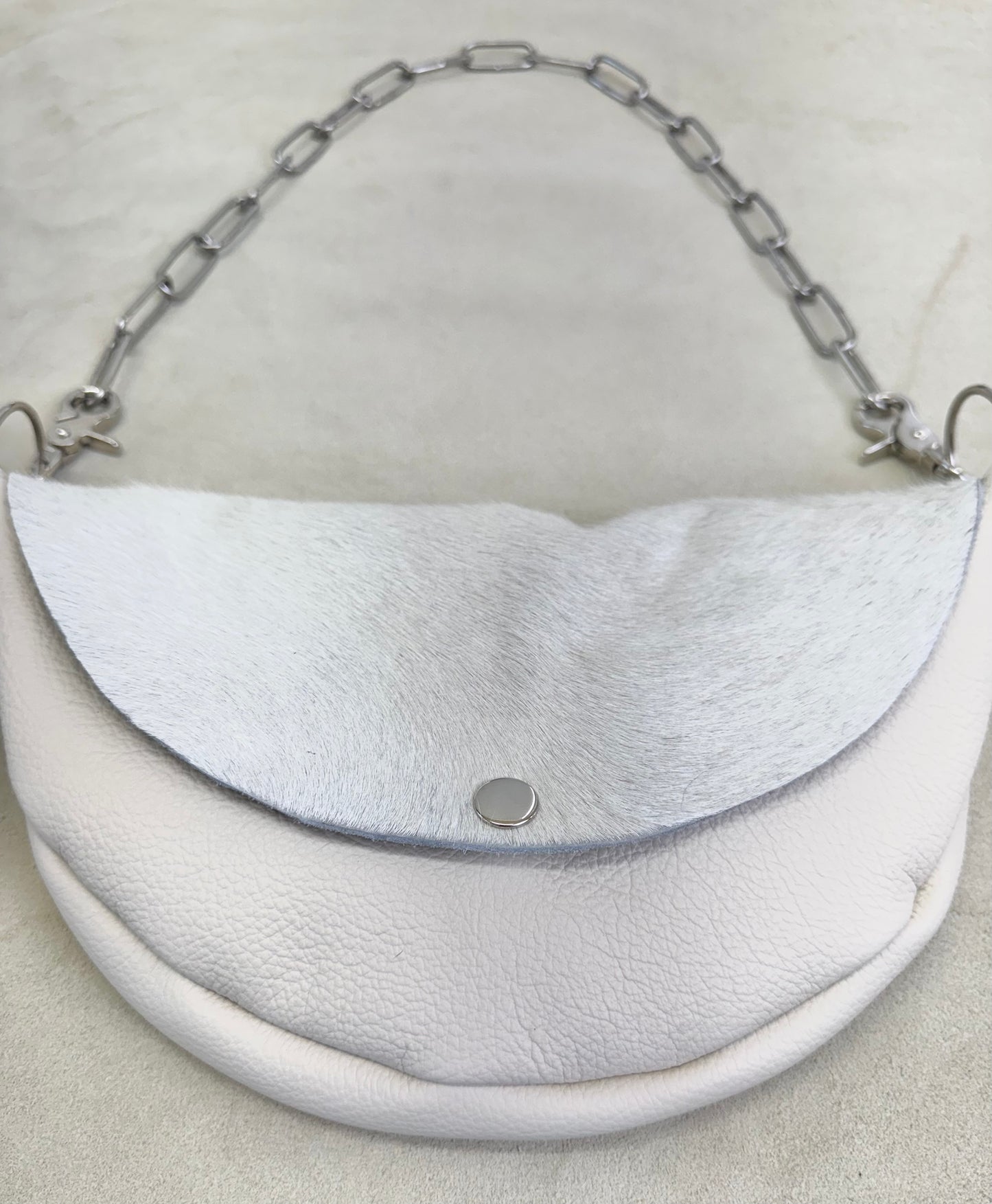 Half Moon Handbag with White Hide + Logo Appliqué