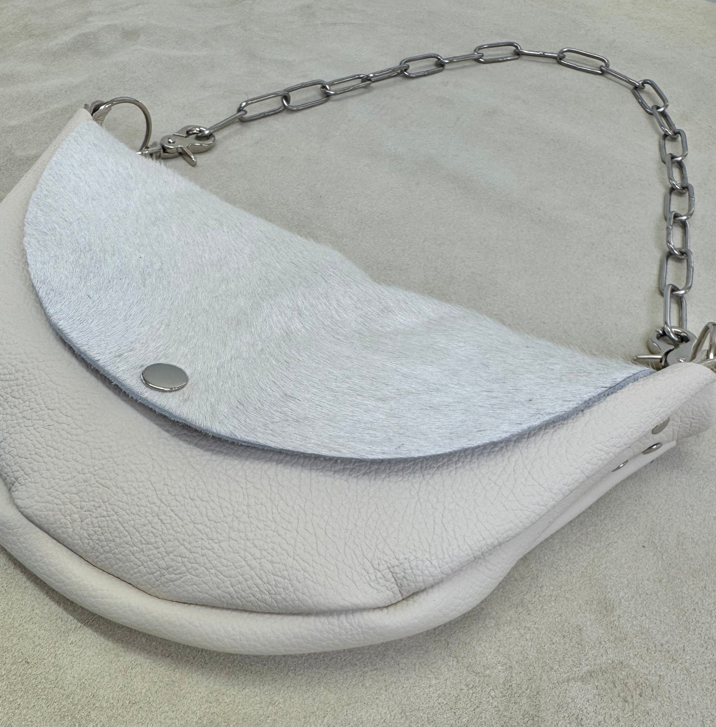 Half Moon Handbag with White Hide + Logo Appliqué