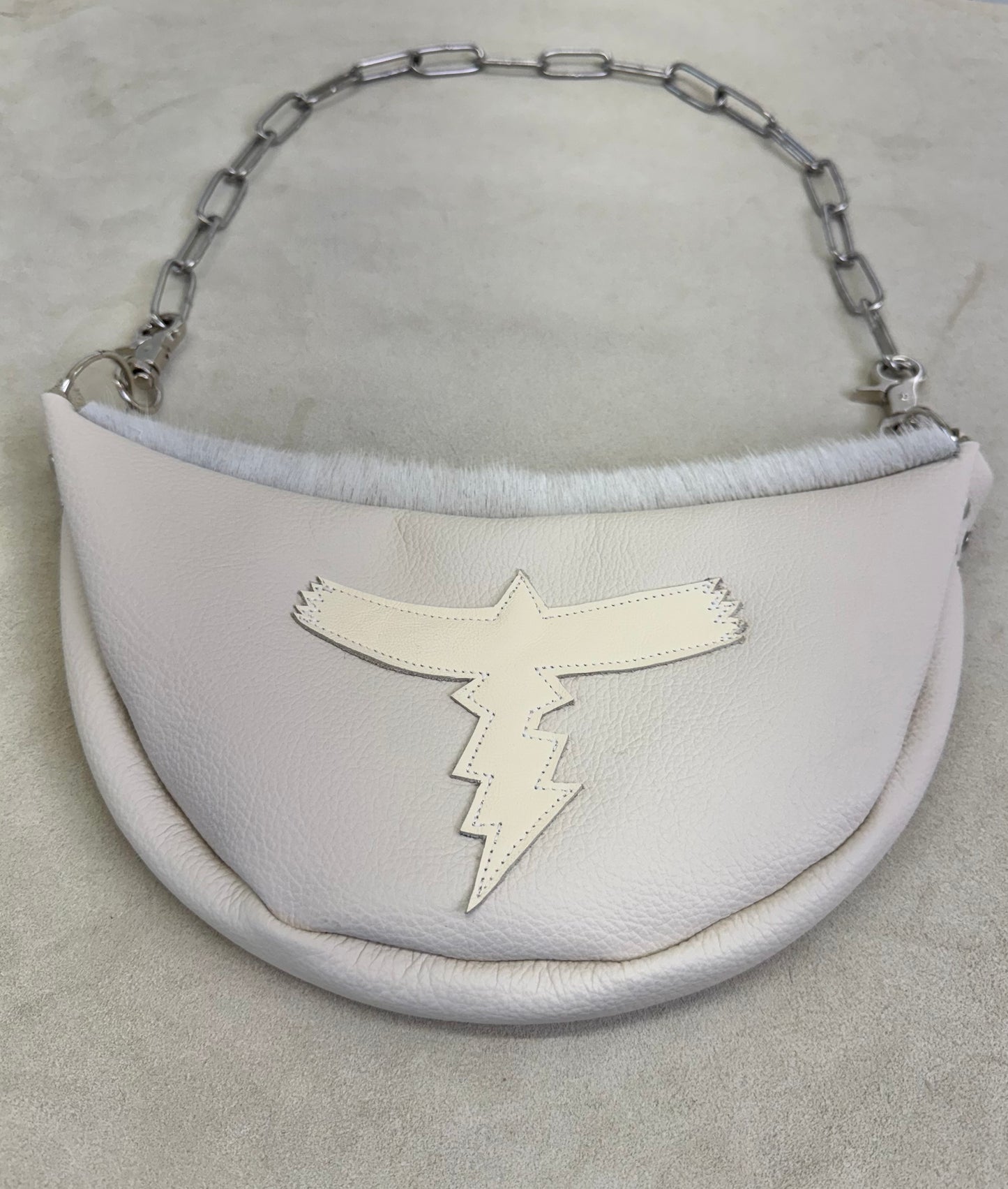 Half Moon Handbag with White Hide + Logo Appliqué