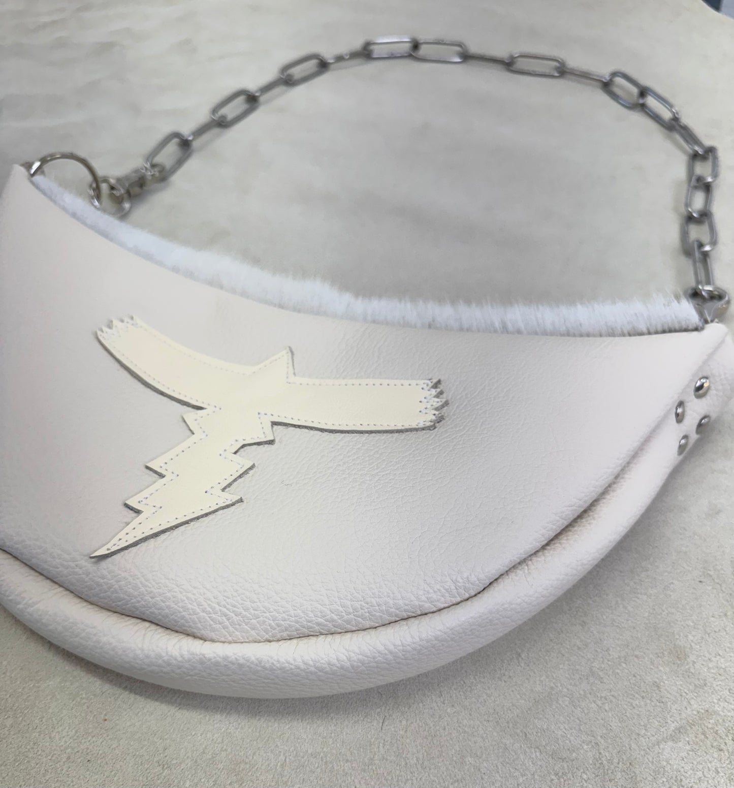 Half Moon Handbag with White Hide + Logo Appliqué