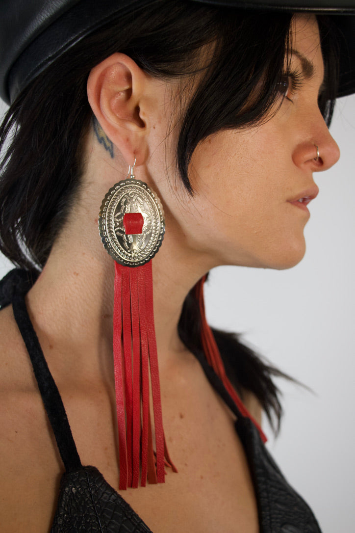 Red Fringe Concho Earrings