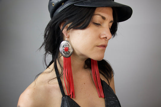 Red Fringe Concho Earrings