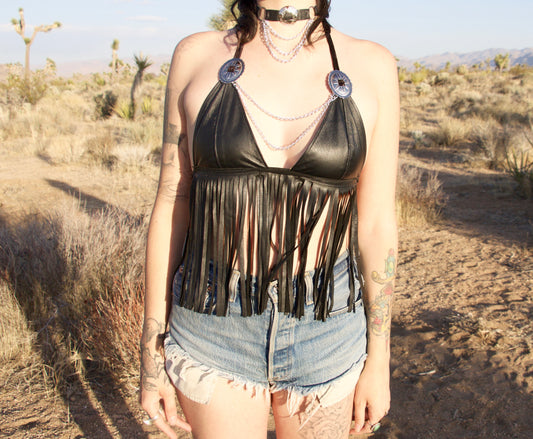 Leather Fringe Halter Top w/ Chains