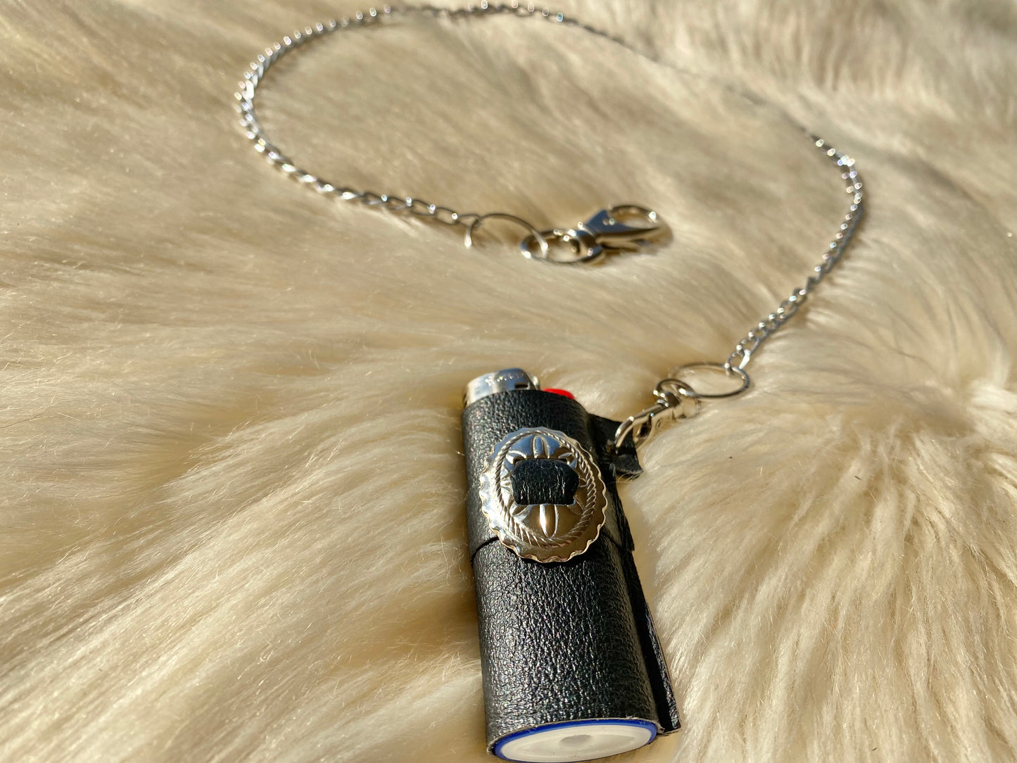 Oval Concho Leather Lighter Case with Chain