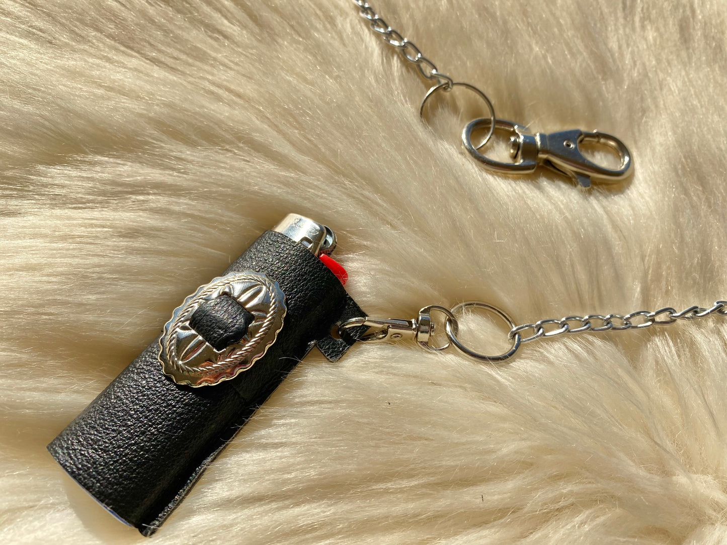 Oval Concho Leather Lighter Case with Chain